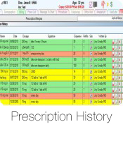Prescription History - Prescriptions commonly used are templated so that the provider can click on the template name and print to give to the patient or the front office staff can document that they phoned in a prescription for a patient.