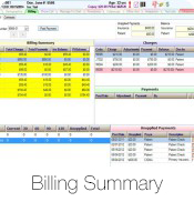 Billing Summary Screen - The patient chart resembles a paper chart; tabs at the top divide the chart into sections of relevant information for an ob/gyn practice so you can quickly locate information in the chart. Within the summary screen, a provider can effortlessly identify date and results of pap smears, mammograms, encounters, and list of active medications.