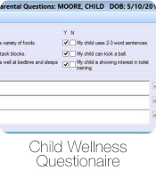 Child Wellness Questionaire - Child wellness exam overview view with 'edit' buttons to add or make changes to visit.

